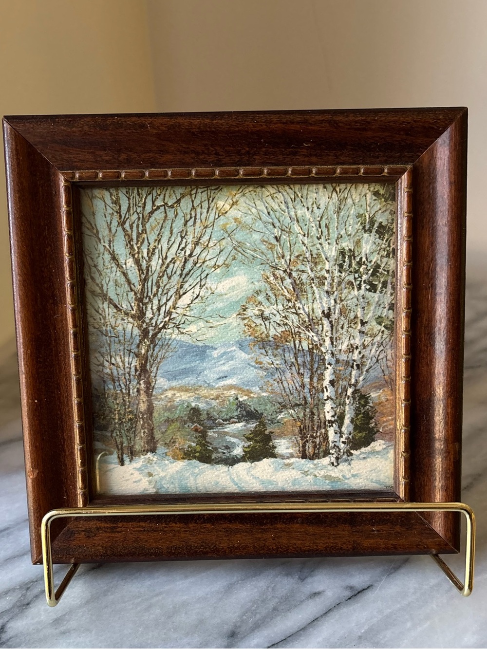 Vintage winter Landscape Watercolor Print Signed Marion Brown Frame Small 6.5 in